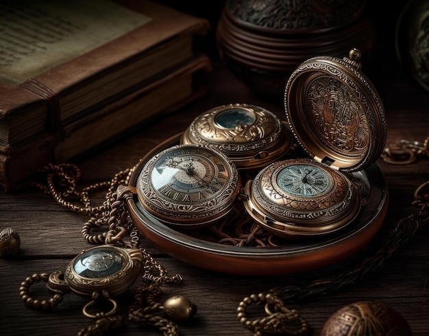 A collection of watches are on a table with a book in the background.