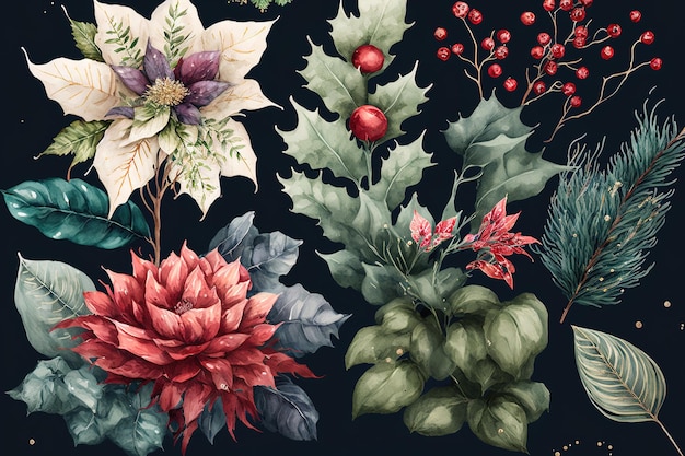 Collection of watercolor Christmas flowers and foliage