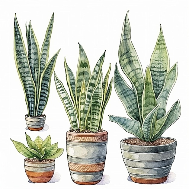 Collection of watercolor sansevieria trifasciata leaves and flowers