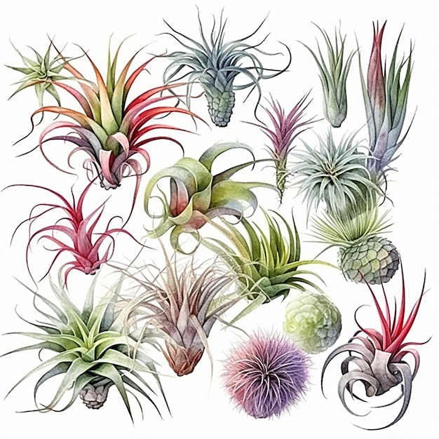 Collection of watercolor Tillandsia Straminea leaves and flowers