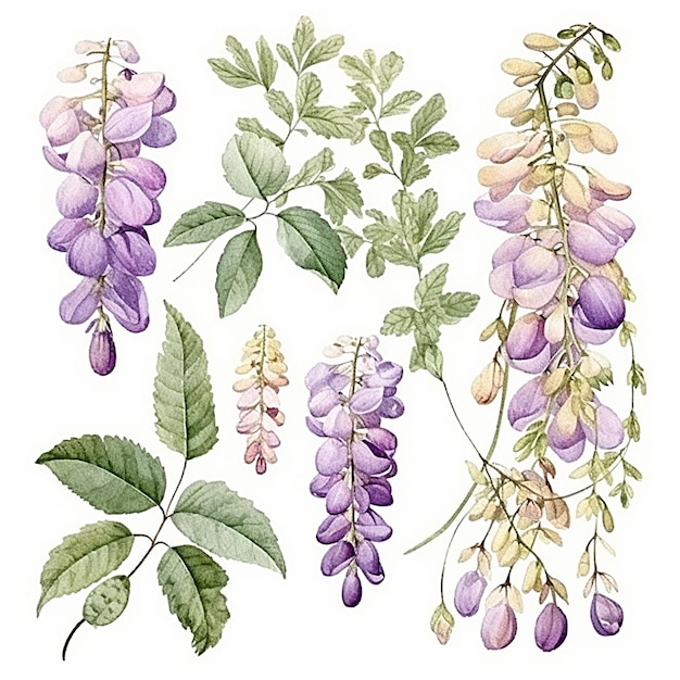 Collection of watercolor Wisteria Fruit leaves and flowers