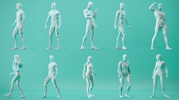 Photo collection of white 3d figures in various poses against a teal background