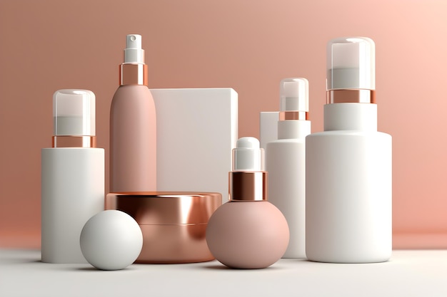 A collection of white bottles of skincare including a white box and a white box.