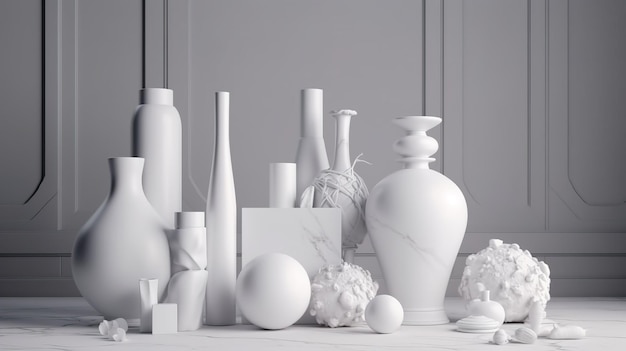 A collection of white bottles and vases are on a table.