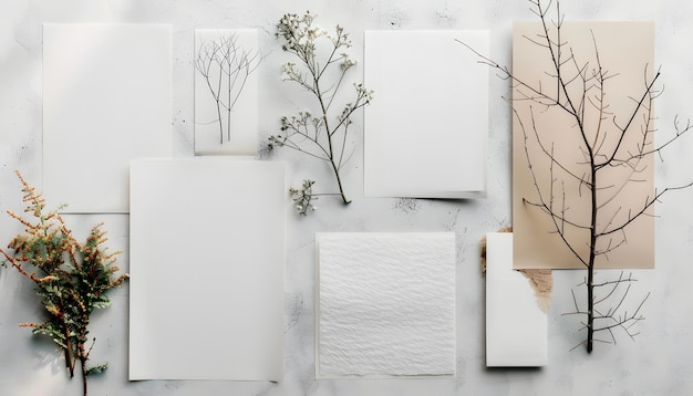 a collection of white and brown paper with a few branches and branches