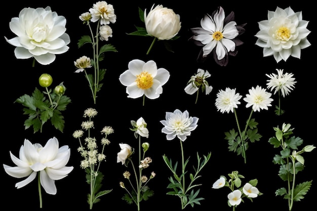 A collection of white flowers with green leaves with black background