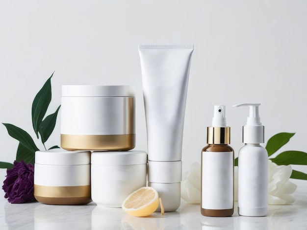 A collection of white and gold bottles of skincare including a bottle of lotion.