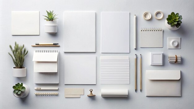 a collection of white notebooks with a plant on the top