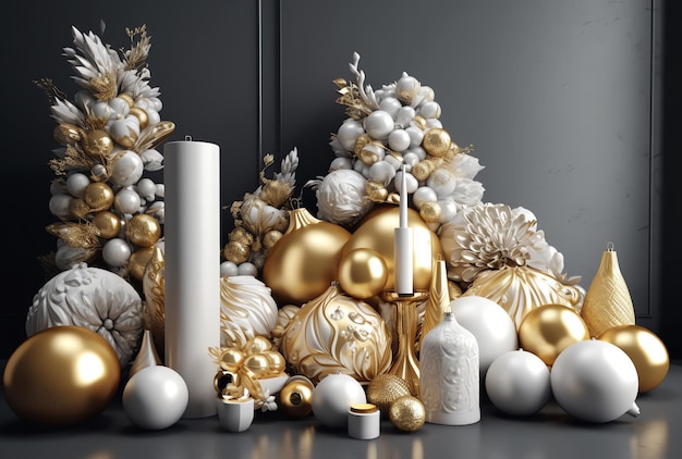 A collection of white ornaments and candles are displayed on a table.