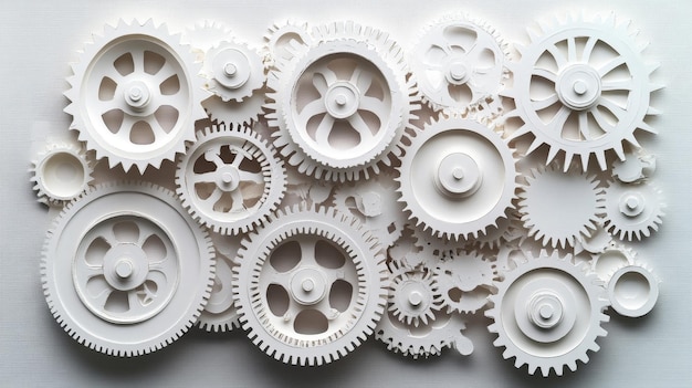 A collection of white paper gears interlocked and arranged in a visually appealing pattern rep