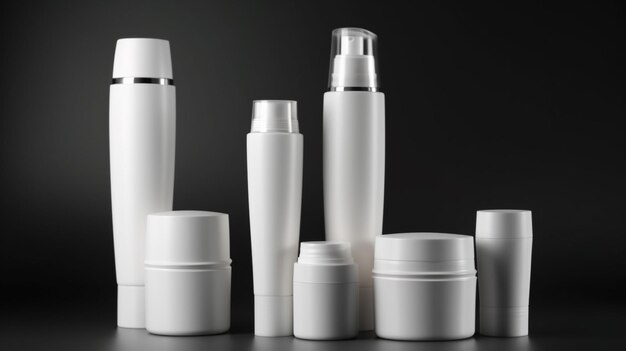 A collection of white plastic beauty products including a bottle of liquid.