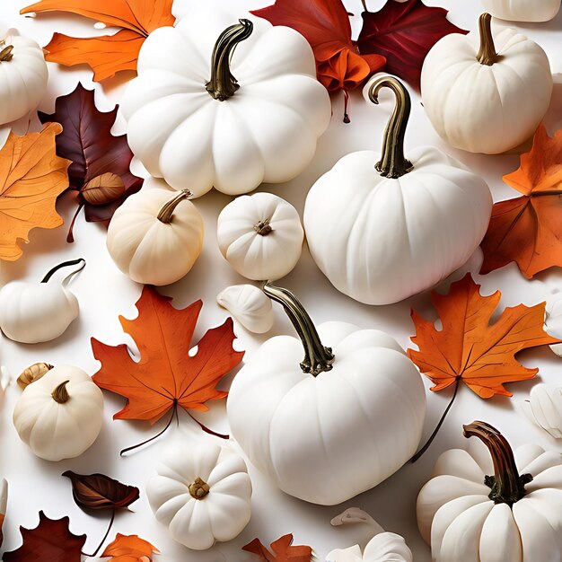 a collection of white pumpkins with autumn leaves