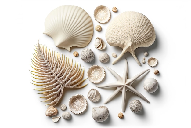 Collection of white sea shells and corals on white Generative AI