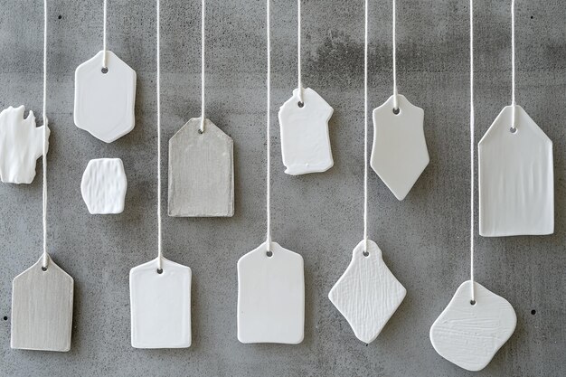 Photo a collection of white tags hanging on a gray wall