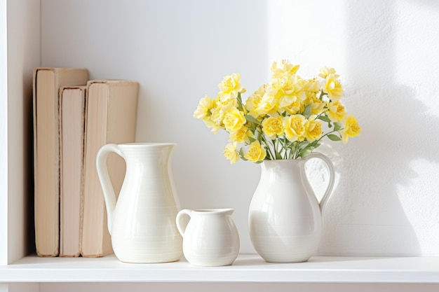 A collection of white vases with yellow flowers in front of a white wall.