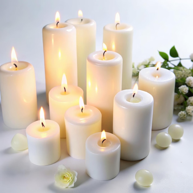 Photo a collection of white wax candles is lit creating a warm ambiance on a standard scale