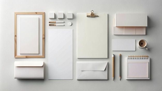 a collection of white and wood art pieces with a white box on the top