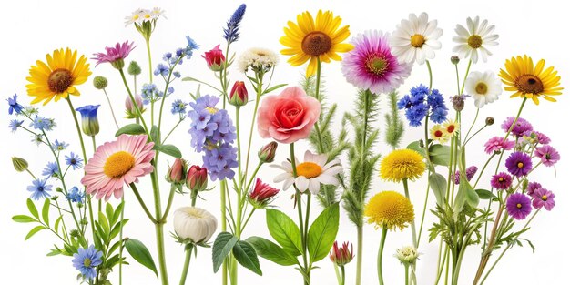 Collection of Wild Flowers Isolated on Transparent White Background