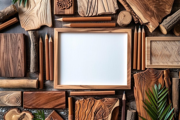 Photo a collection of wooden art pieces with a white board and wooden pencils