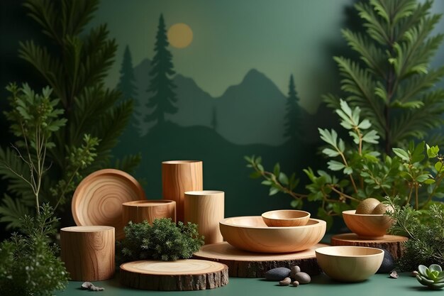 Photo a collection of wooden bowls and one with a mountain in the background