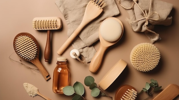 A collection of wooden brushes including a bottle of bath scrubs, a bottle of soap, a bottle of soap, a bottle of soap, and a bottle of soap.