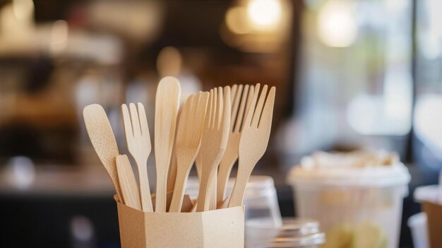 Collection of wooden cutlery in a cafe setting with soft lighting