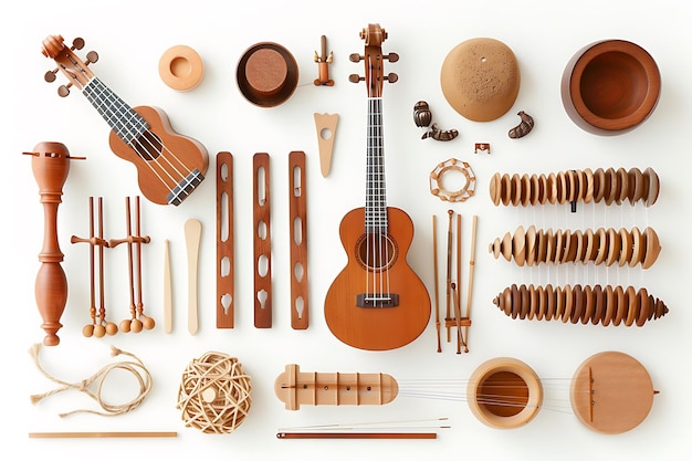 Photo collection of wooden musical instruments on a white background