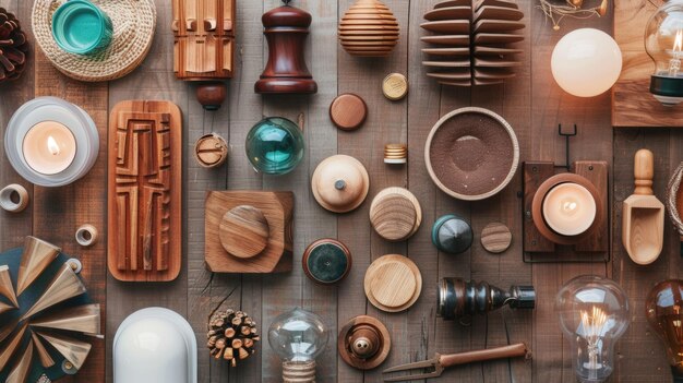 Photo a collection of wooden objects including one that has a blue ball on it