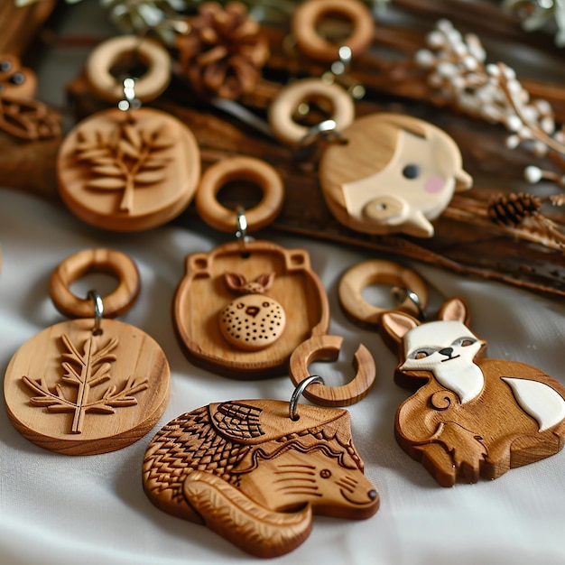 Photo a collection of wooden ornaments including a cat and a deer