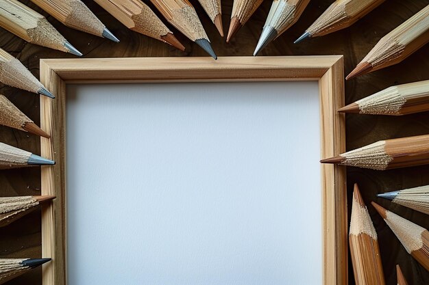 a collection of wooden pencils and a white paper with a wooden frame