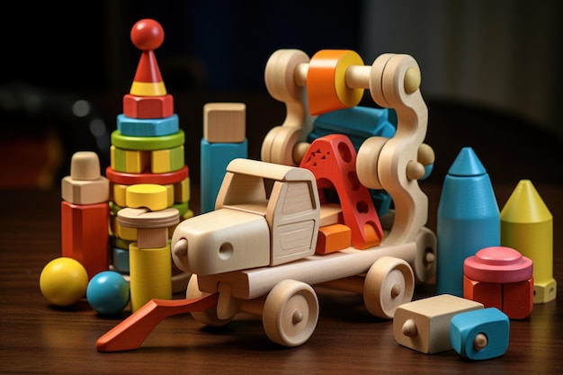 A collection of wooden toys neatly stacked on a table Perfect for showcasing childhood memories or promoting ecofriendly play