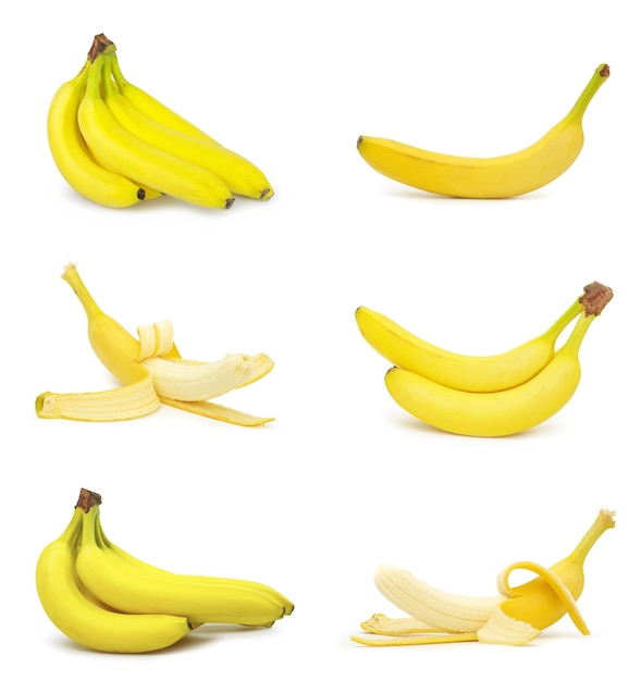 Collection of yellow bananas isolated on white background