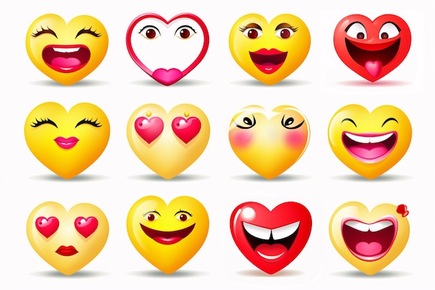 A collection of yellow heartshaped emoticons with different features smiling surprised serious