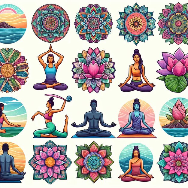 a collection of yoga poses including a man and woman