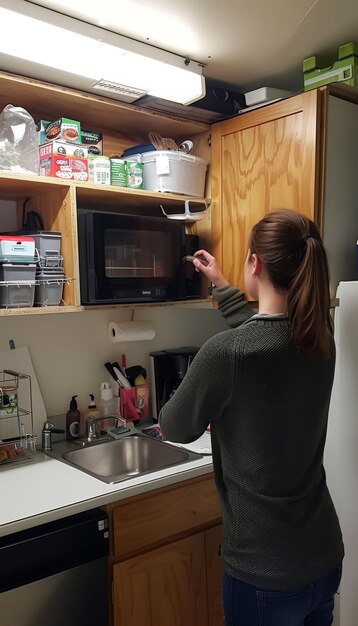 Photo college dorm room kitchen setup coffee maker microwave and snack storage for students