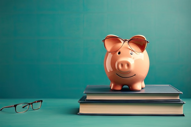 College fee savings concept with space for text piggy bank and book