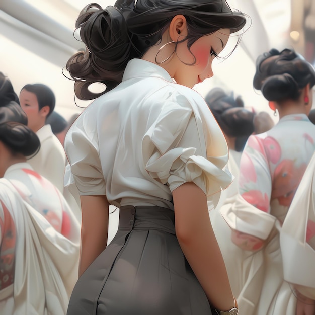 College girl turned back wearing high skirt and sheer white shirt generative AI