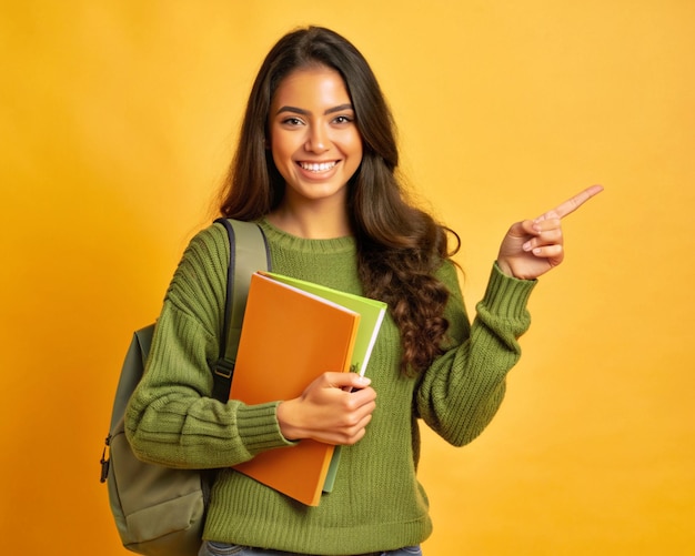 A college girl with a shining smile holding paper books pointing randomly with her hand