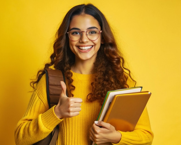 A college girl with a shining smile holding paper books pointing randomly with her hand