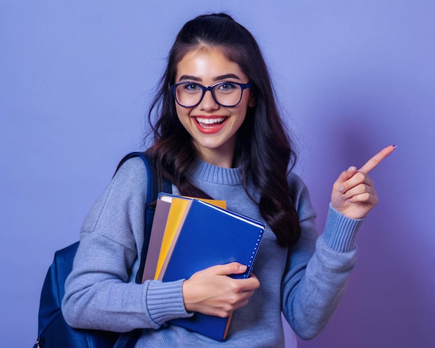 A college girl with a shining smile holding paper books pointing randomly with her hand