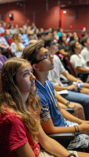 Photo college orientation freshmen students engaging in campus life presentations auditorium setting