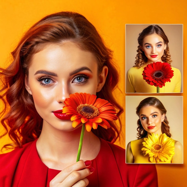 A college of photos with a flower and a picture of a woman with a flower in the middle