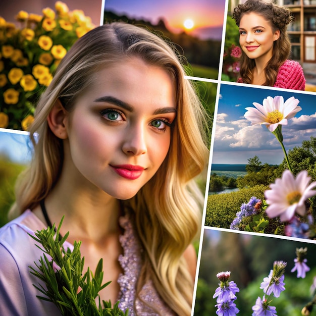 College of photos with a flower and a picture of a woman with a flower in the middle