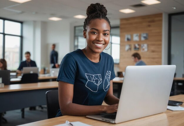 A college student enjoys working on a laptop in the library her graphic tee and bright smile suggest