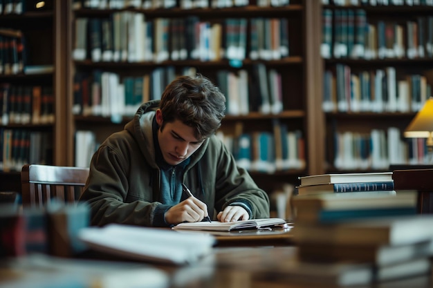 College student is diligently taking notes from a textbook while preparing for an exam in the campus library