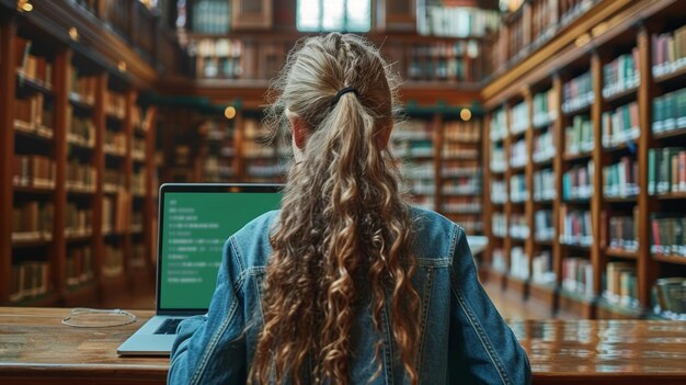 College Student Studying in Library with Laptop