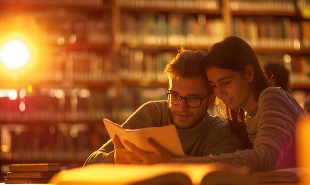 Photo college students collaborating on a research project in a university library