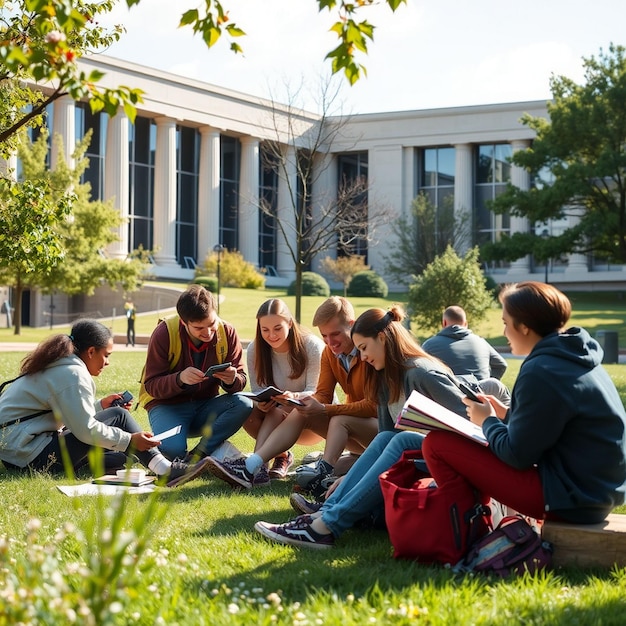 College students cramming outdoor