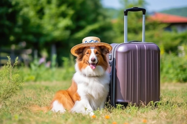 A collie dog sitting near a travel suitcase Travel concept with dog Generative AI