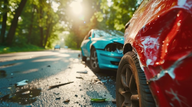 Collision Closeup Red and Blue Cars Wreck on Sunny Day